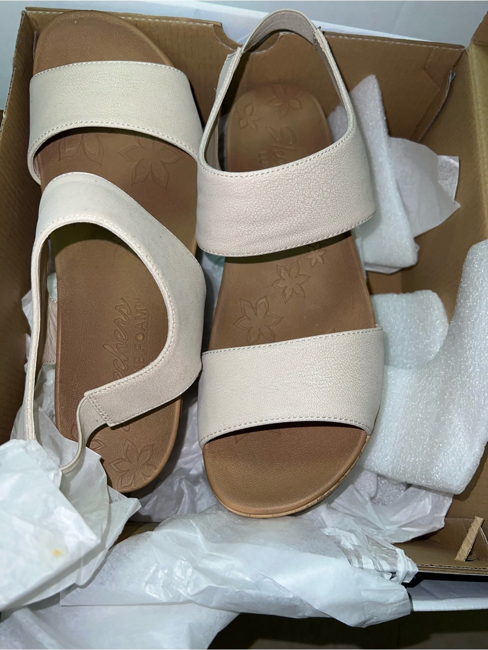 Skechers Luxefoam Women's Neutral Cream Double-Strap Slide Sandals